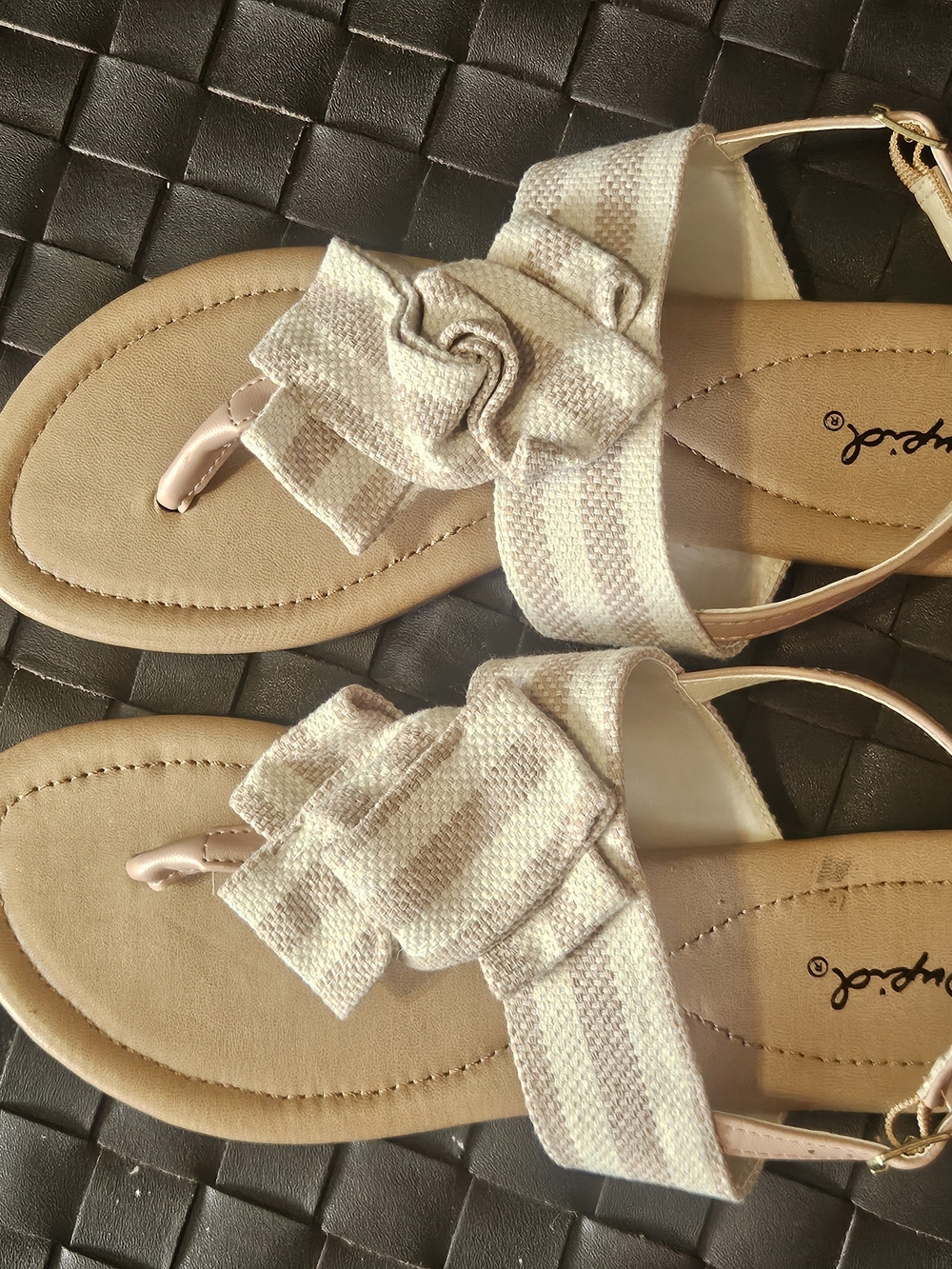 Qupid Cream and Tan Striped Bow Toe-Post Sandals